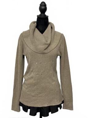 Le Grenier Beige Cowl Neck Sweater Diamond Pattern Stitching Delicate Sequins L